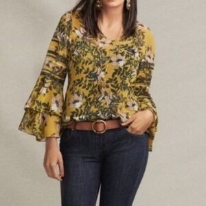 CAbi Mustard Floral Blouse with Ruffle Sleeves